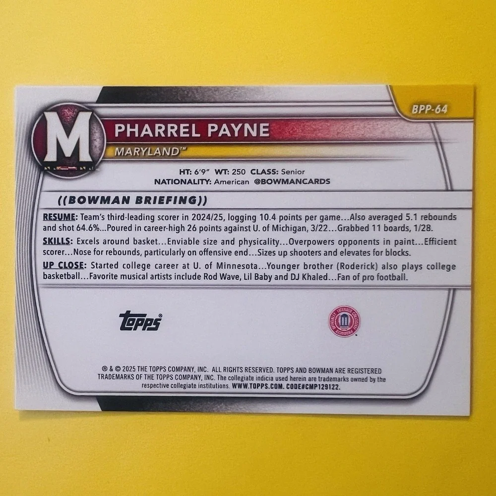 2025-26 Bowman‎ U Basketball Pharrel Payne 1st Bowman Prospects #BPP-64 Maryland
